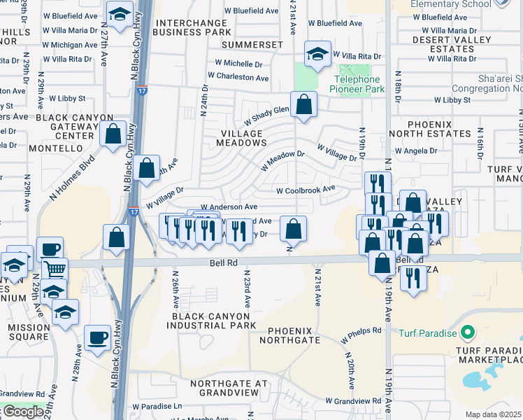 map of restaurants, bars, coffee shops, grocery stores, and more near 2137 West Hartford Avenue in Phoenix