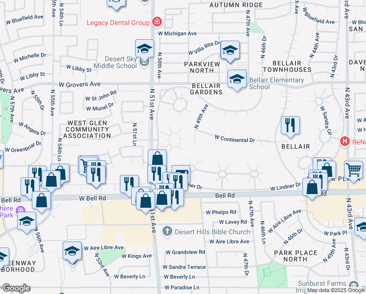 map of restaurants, bars, coffee shops, grocery stores, and more near 4902 West Augusta Circle in Glendale