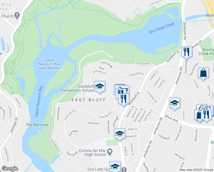 map of restaurants, bars, coffee shops, grocery stores, and more near 2514 Vista Del Oro in Newport Beach