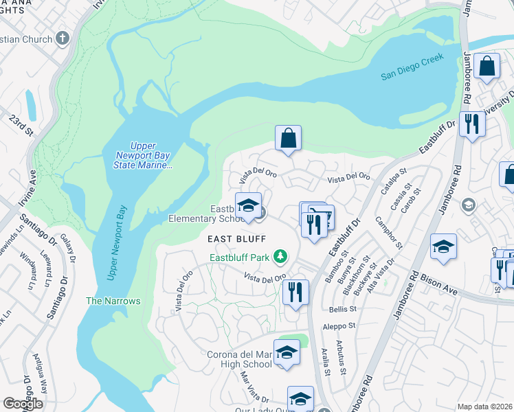 map of restaurants, bars, coffee shops, grocery stores, and more near 466 Vista Roma in Newport Beach