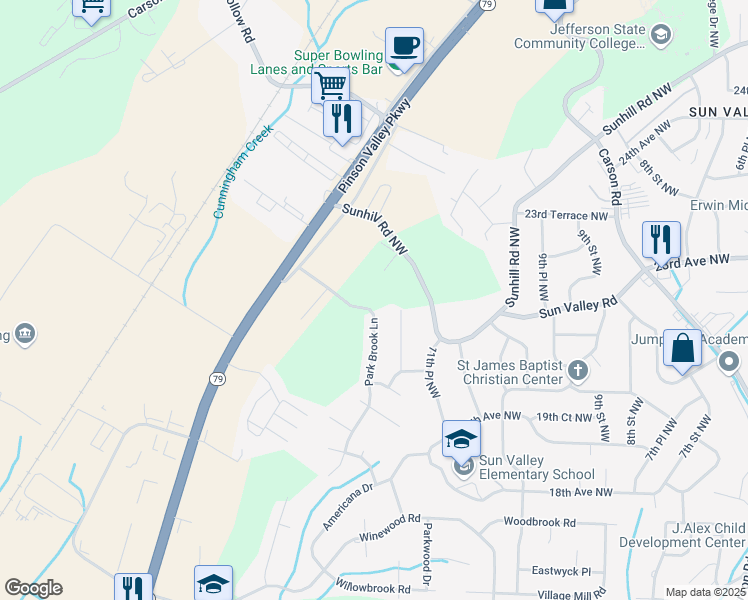 map of restaurants, bars, coffee shops, grocery stores, and more near 2128 Park Brook Lane in Birmingham