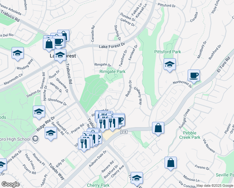 map of restaurants, bars, coffee shops, grocery stores, and more near 25761 Le Parc in Lake Forest