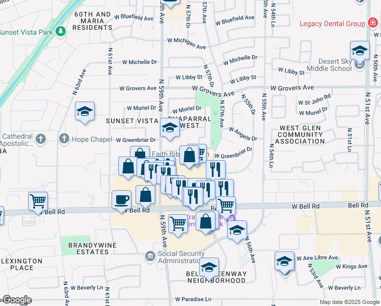 map of restaurants, bars, coffee shops, grocery stores, and more near 5801 West Greenbriar Drive in Glendale
