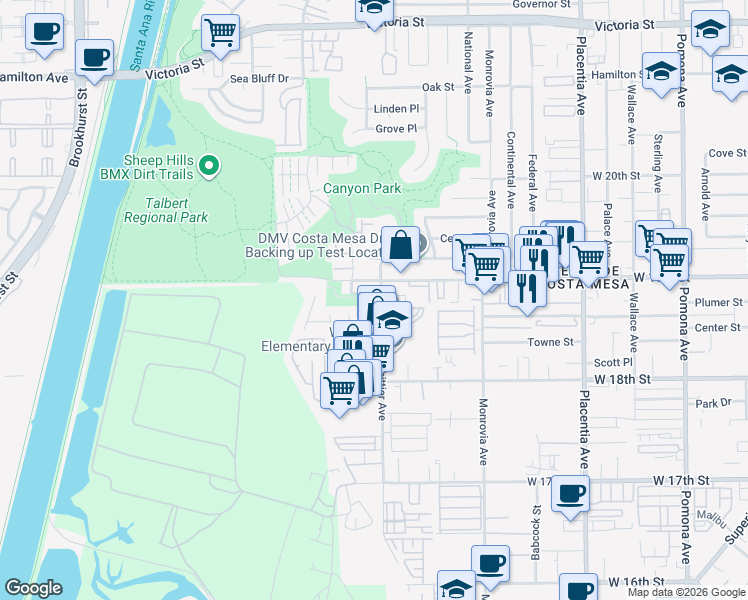 map of restaurants, bars, coffee shops, grocery stores, and more near 1874 Parkcrest Drive in Costa Mesa