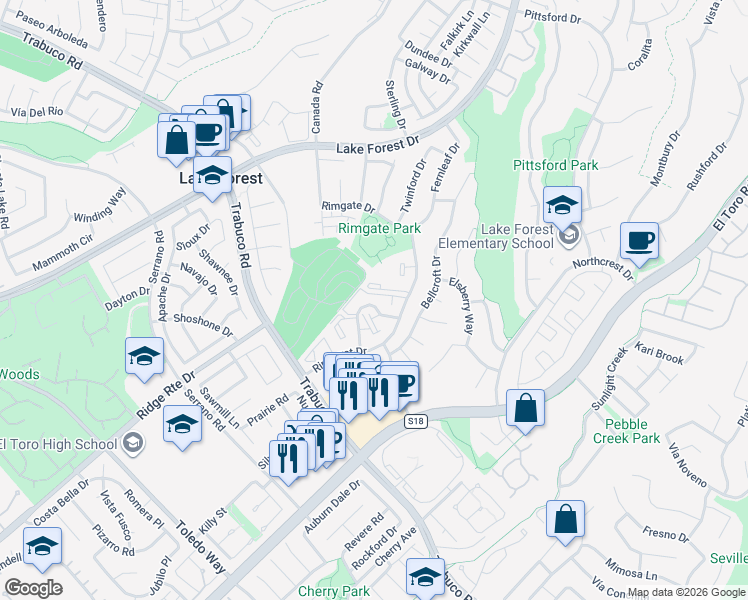map of restaurants, bars, coffee shops, grocery stores, and more near 25761 Le Parc in Lake Forest