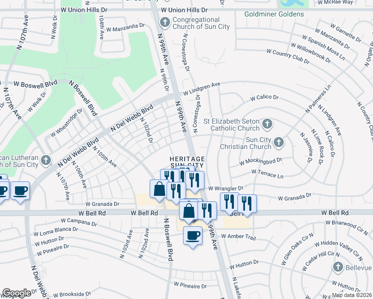 map of restaurants, bars, coffee shops, grocery stores, and more near 17404 North 99th Avenue in Sun City