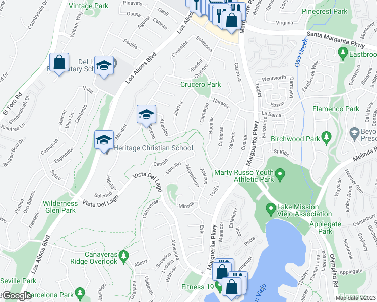 map of restaurants, bars, coffee shops, grocery stores, and more near 27582 Cenajo in Mission Viejo