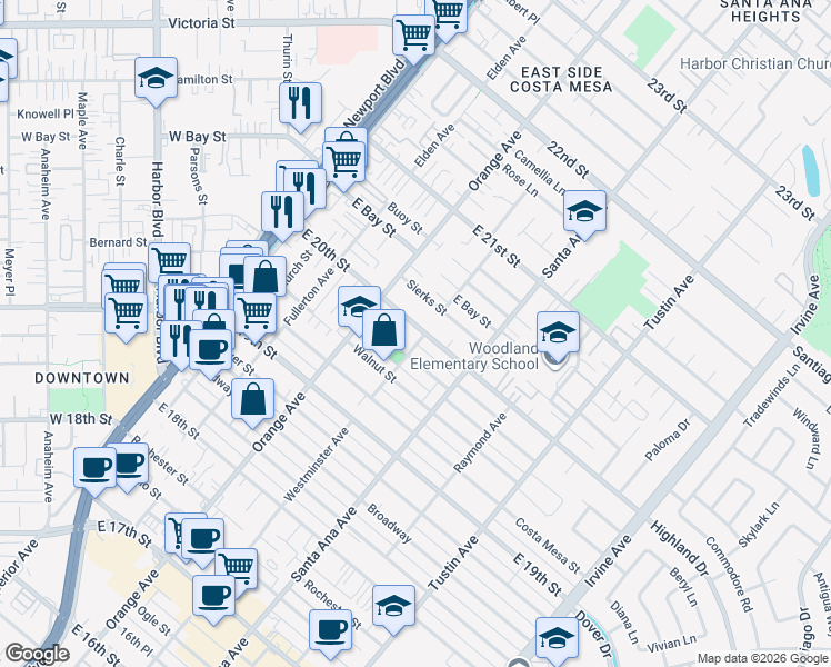 map of restaurants, bars, coffee shops, grocery stores, and more near 243 East 20th Street in Costa Mesa