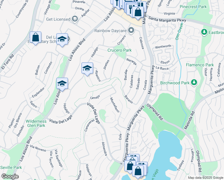 map of restaurants, bars, coffee shops, grocery stores, and more near 27582 Cenajo in Mission Viejo