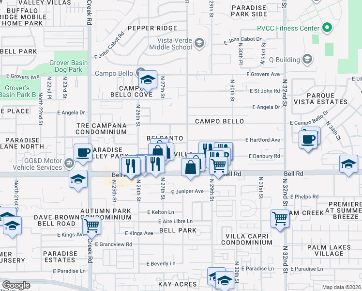 map of restaurants, bars, coffee shops, grocery stores, and more near 2747 Schiliro Circle in Phoenix