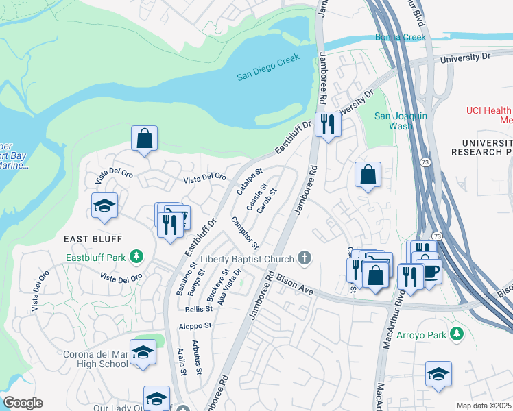 map of restaurants, bars, coffee shops, grocery stores, and more near 2839 Carob Street in Newport Beach