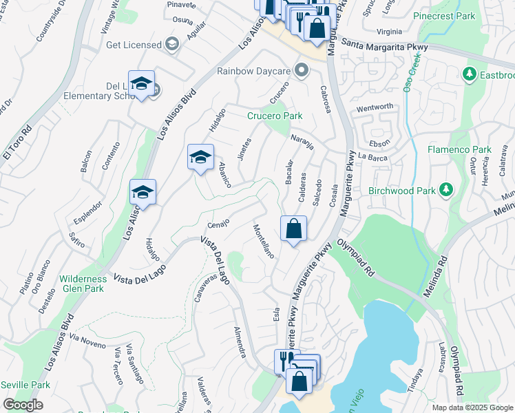 map of restaurants, bars, coffee shops, grocery stores, and more near 27582 Cenajo in Mission Viejo