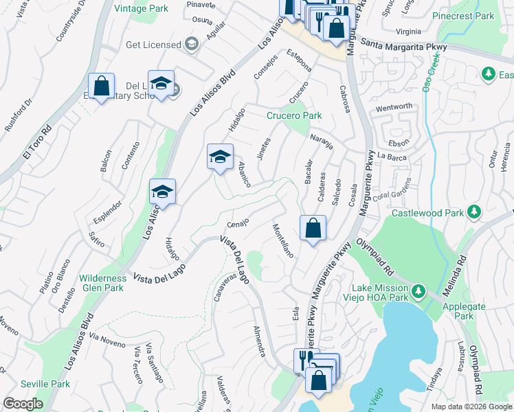 map of restaurants, bars, coffee shops, grocery stores, and more near 27481 Cenajo in Mission Viejo