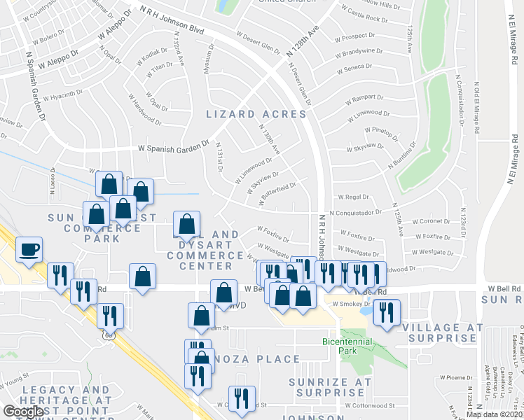 map of restaurants, bars, coffee shops, grocery stores, and more near 13067 West Whispering Oaks Drive in Sun City West
