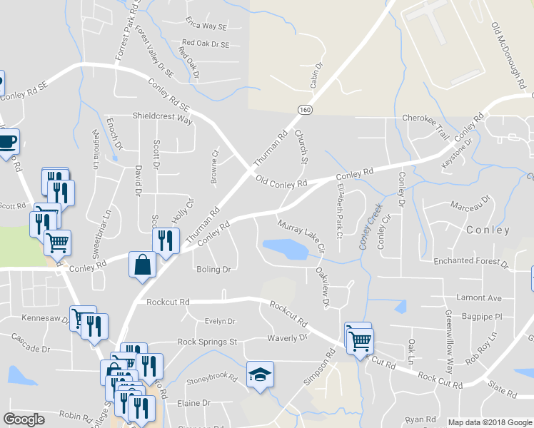 map of restaurants, bars, coffee shops, grocery stores, and more near 1255 Conley Road in Forest Park