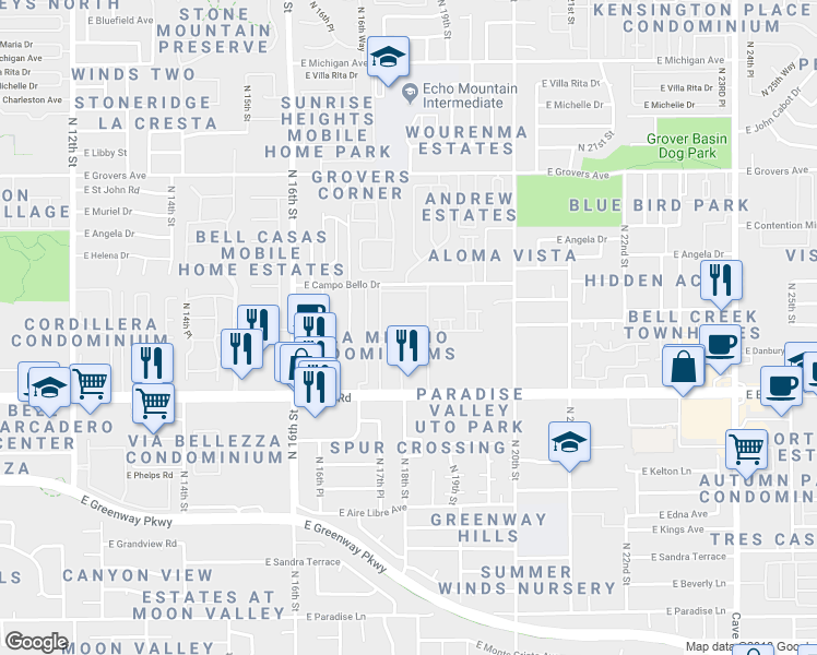 map of restaurants, bars, coffee shops, grocery stores, and more near 1814 East Bell Road in Phoenix