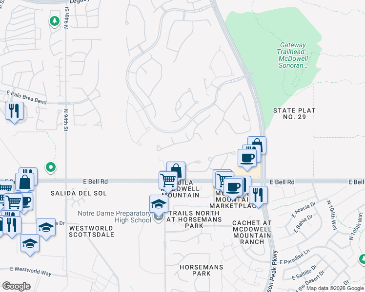 map of restaurants, bars, coffee shops, grocery stores, and more near 9866 East South Bend Drive in Scottsdale
