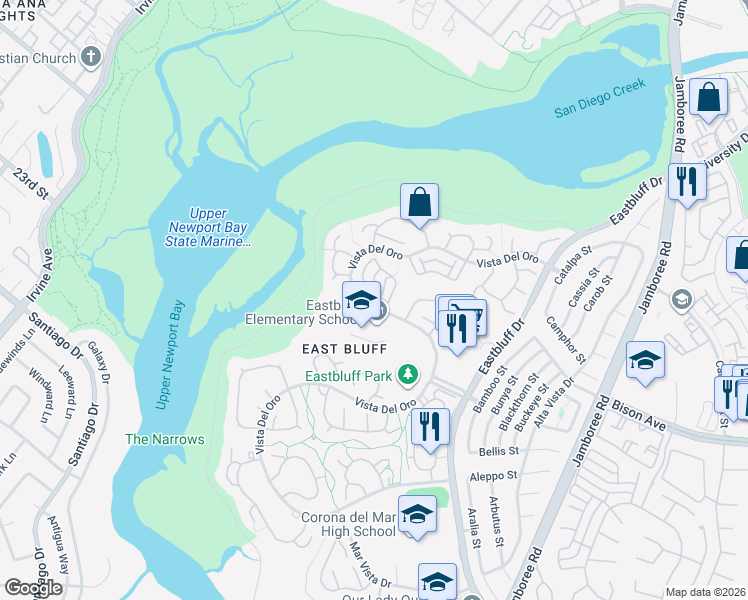 map of restaurants, bars, coffee shops, grocery stores, and more near 466 Vista Roma in Newport Beach