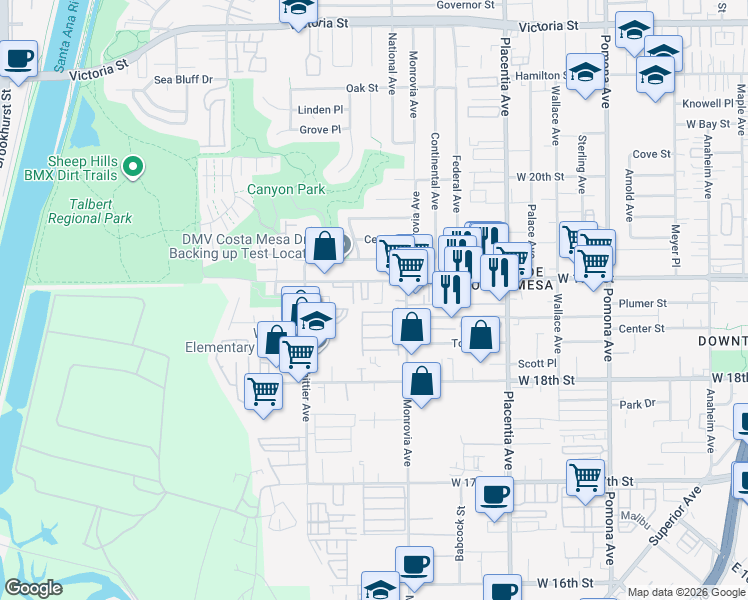 map of restaurants, bars, coffee shops, grocery stores, and more near 931 West 19th Street in Costa Mesa