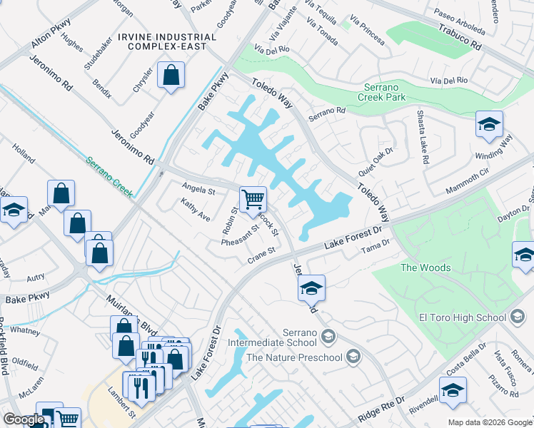 map of restaurants, bars, coffee shops, grocery stores, and more near 24422 Peacock Street in Lake Forest