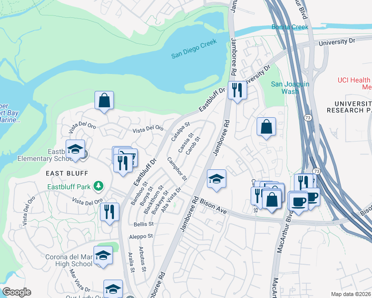 map of restaurants, bars, coffee shops, grocery stores, and more near 2839 Carob Street in Newport Beach