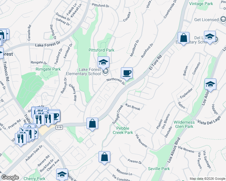 map of restaurants, bars, coffee shops, grocery stores, and more near 22075 Summit Hill Drive in Lake Forest
