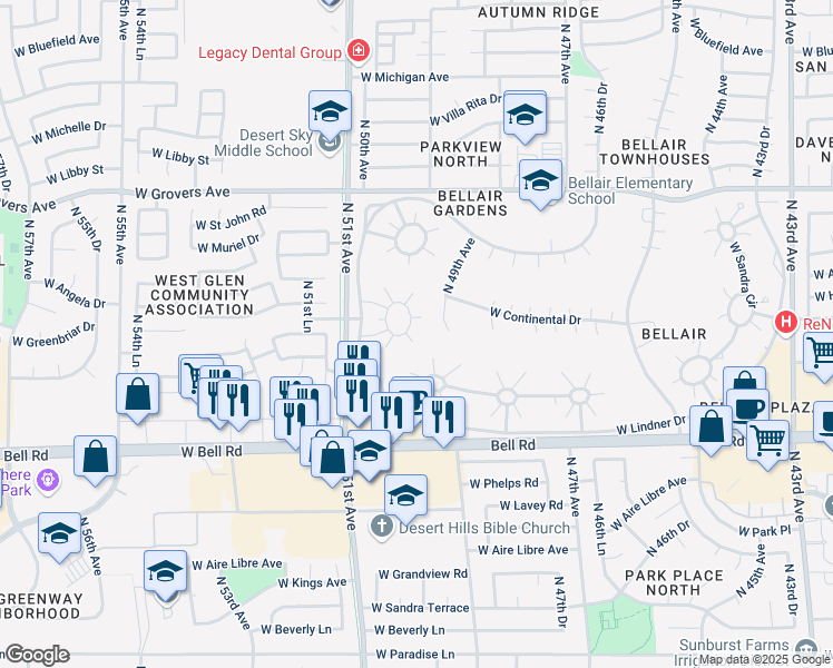 map of restaurants, bars, coffee shops, grocery stores, and more near 4902 West Augusta Circle in Glendale