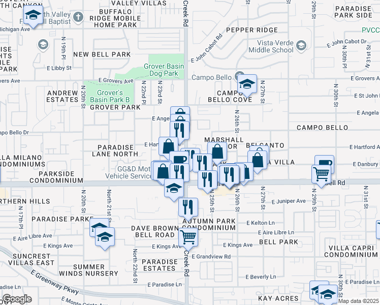 map of restaurants, bars, coffee shops, grocery stores, and more near 17037 North Cave Creek Road in Phoenix