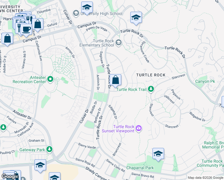 map of restaurants, bars, coffee shops, grocery stores, and more near 18931 Via Messina in Irvine