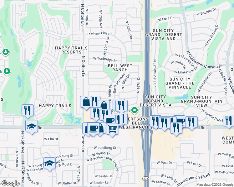 map of restaurants, bars, coffee shops, grocery stores, and more near 17432 North 168th Lane in Surprise