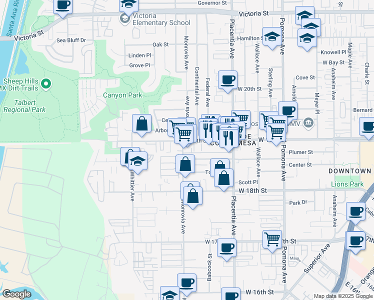 map of restaurants, bars, coffee shops, grocery stores, and more near 1884 Monrovia Avenue in Costa Mesa