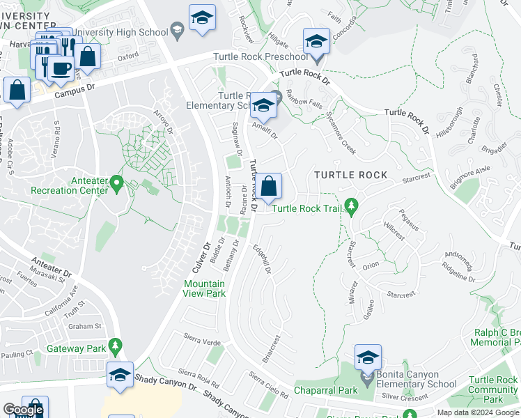 map of restaurants, bars, coffee shops, grocery stores, and more near 18931 Via Messina in Irvine