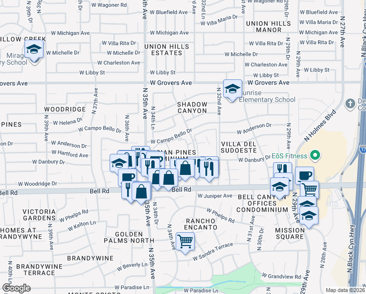 map of restaurants, bars, coffee shops, grocery stores, and more near 21 West Danbury Drive in Phoenix