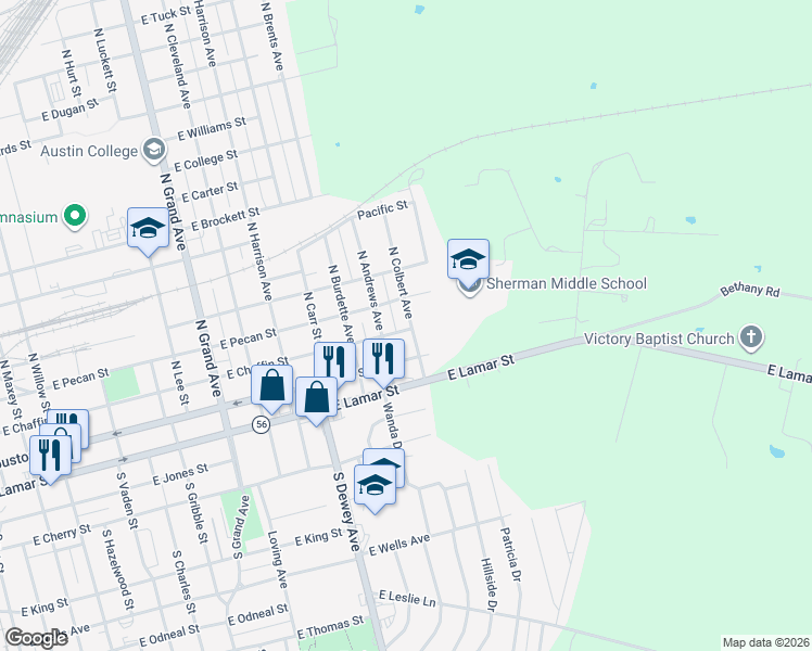 map of restaurants, bars, coffee shops, grocery stores, and more near 119 North Colbert Avenue in Sherman