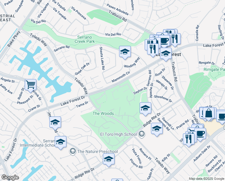 map of restaurants, bars, coffee shops, grocery stores, and more near 24975 Heartwood Circle in Lake Forest