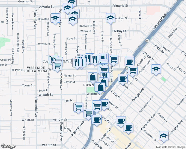 map of restaurants, bars, coffee shops, grocery stores, and more near 599 Plumer Street in Costa Mesa