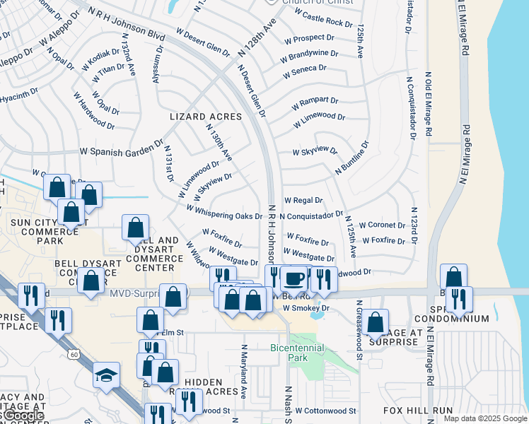 map of restaurants, bars, coffee shops, grocery stores, and more near 17223 North 130th Avenue in Sun City West