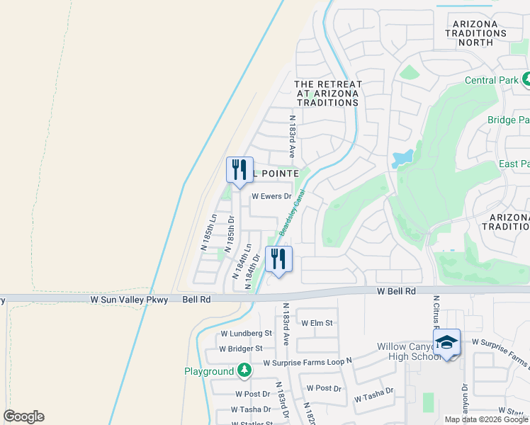 map of restaurants, bars, coffee shops, grocery stores, and more near 18426 West Dawn Drive in Surprise