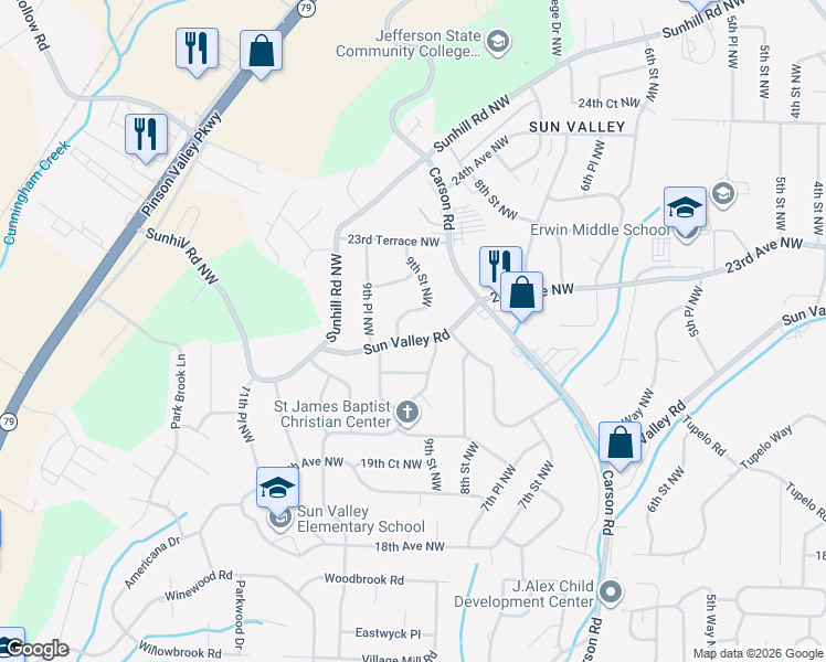 map of restaurants, bars, coffee shops, grocery stores, and more near 913 Sun Valley Road in Center Point