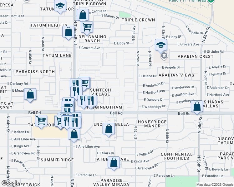 map of restaurants, bars, coffee shops, grocery stores, and more near 50th Place in Scottsdale