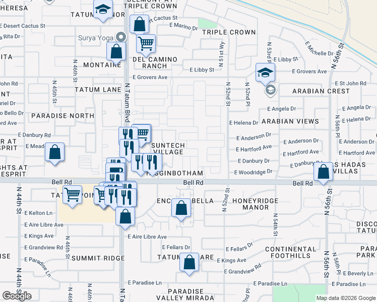 map of restaurants, bars, coffee shops, grocery stores, and more near 50th Place in Scottsdale