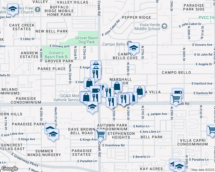 map of restaurants, bars, coffee shops, grocery stores, and more near 2444 East Danbury Road in Phoenix