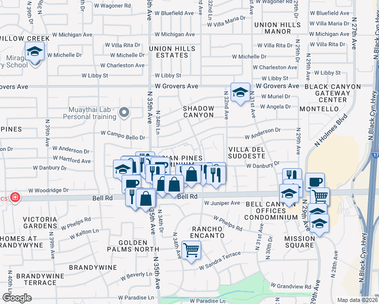 map of restaurants, bars, coffee shops, grocery stores, and more near 21 West Danbury Drive in Phoenix