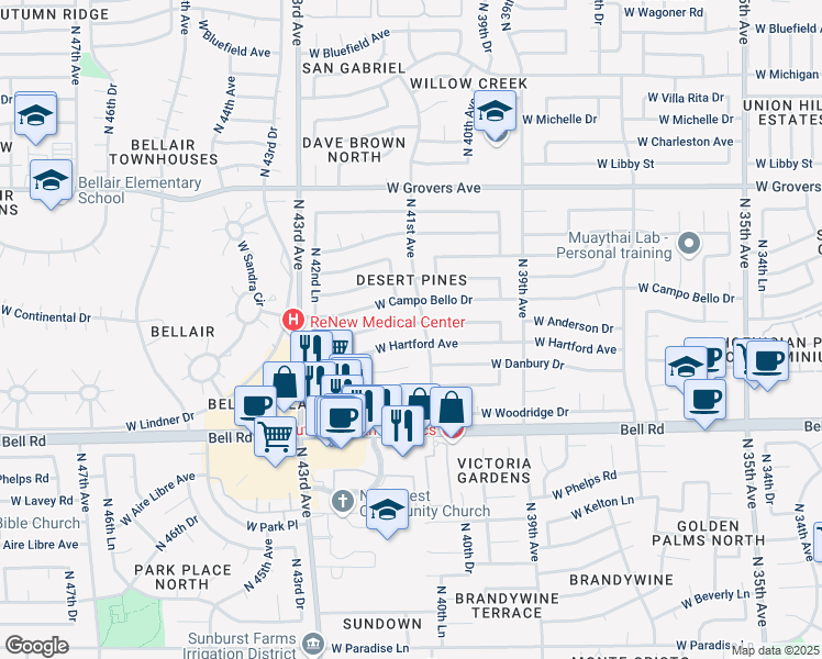map of restaurants, bars, coffee shops, grocery stores, and more near 4119 West Hartford Avenue in Glendale
