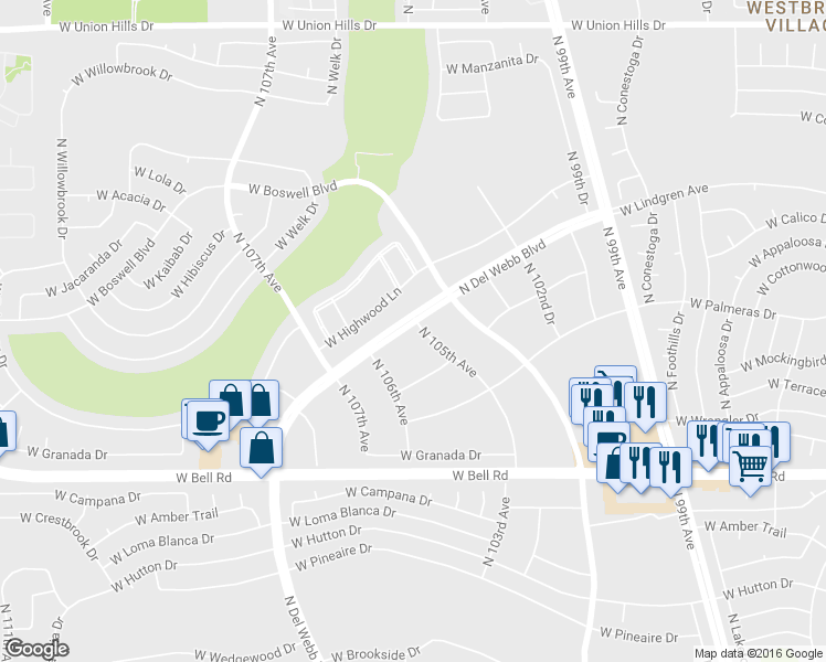 map of restaurants, bars, coffee shops, grocery stores, and more near 17453 North Del Webb Boulevard in Sun City