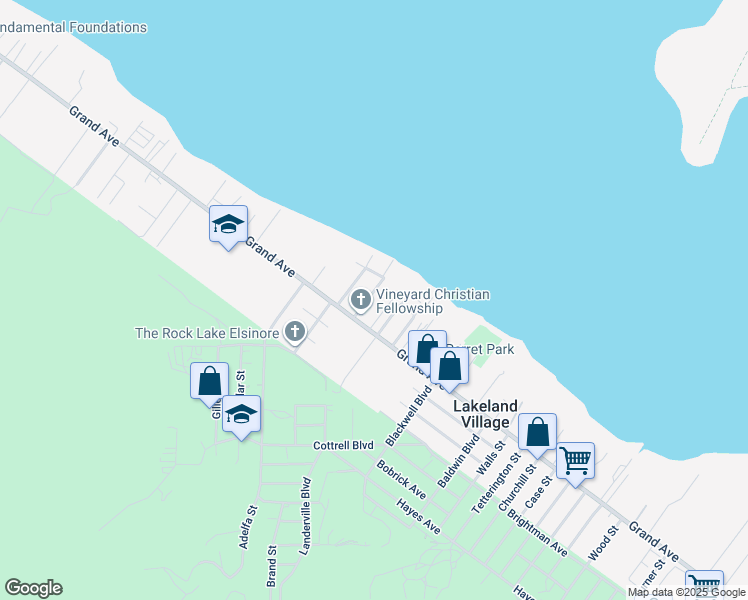 map of restaurants, bars, coffee shops, grocery stores, and more near 32930 Maiden Lane in Lake Elsinore