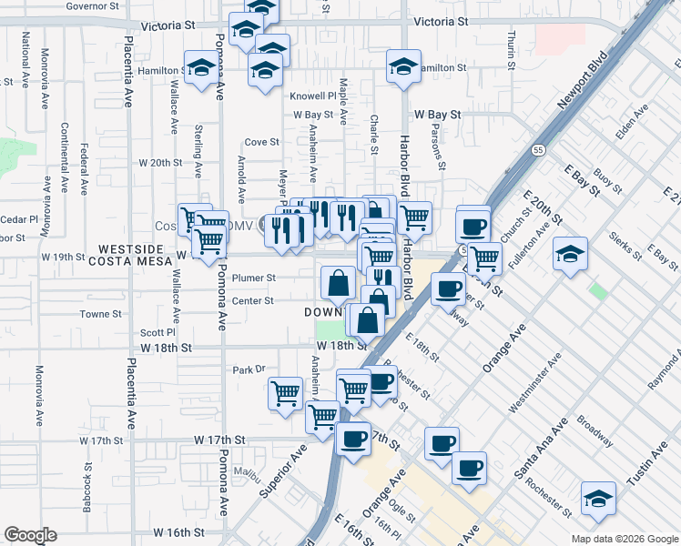 map of restaurants, bars, coffee shops, grocery stores, and more near 599 Plumer Street in Costa Mesa