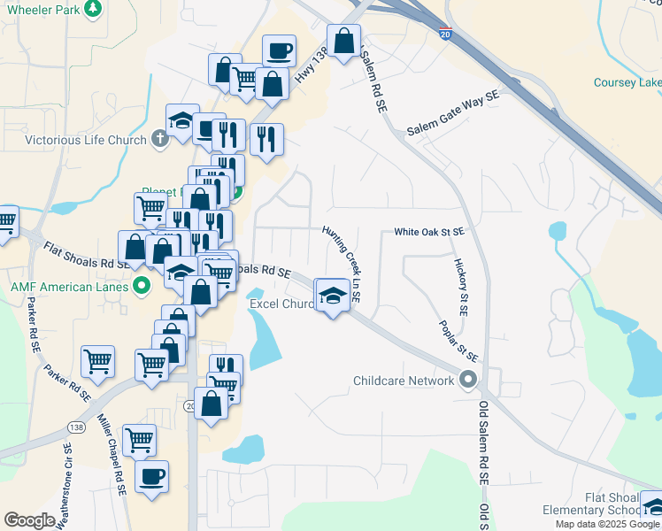 map of restaurants, bars, coffee shops, grocery stores, and more near 1779 Big Horn Court Southeast in Conyers