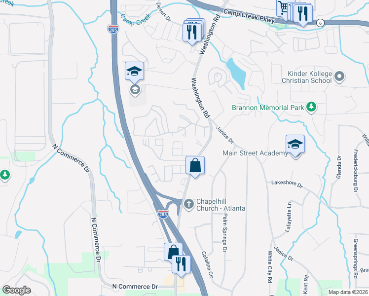 map of restaurants, bars, coffee shops, grocery stores, and more near 4275 High Park Lane in East Point