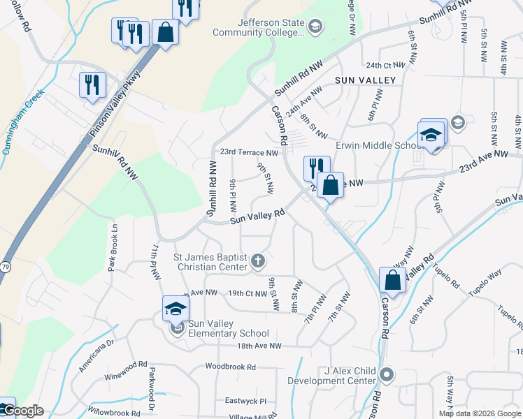 map of restaurants, bars, coffee shops, grocery stores, and more near 913 Sun Valley Road in Center Point